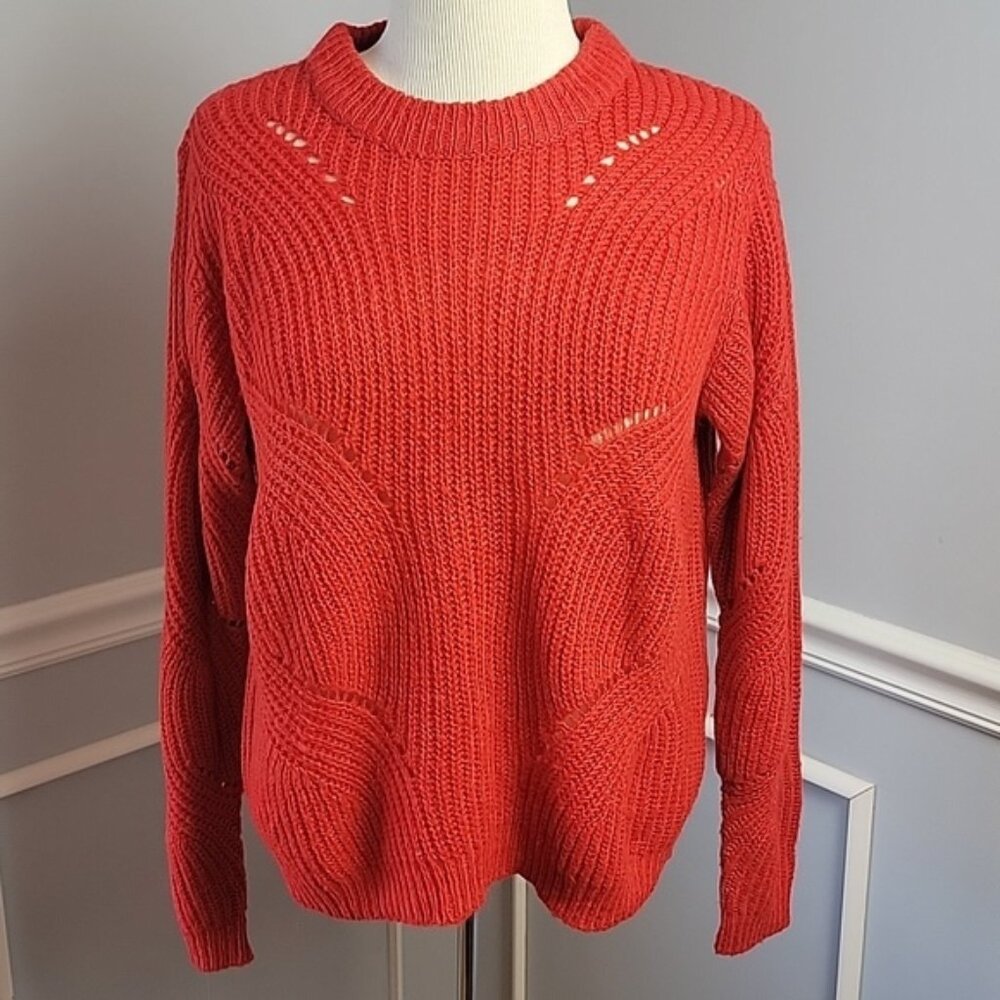 JACQUELINE DE YONG Orange Red Cable Knit Pointelle Autumn‎ Crewneck Sweater M